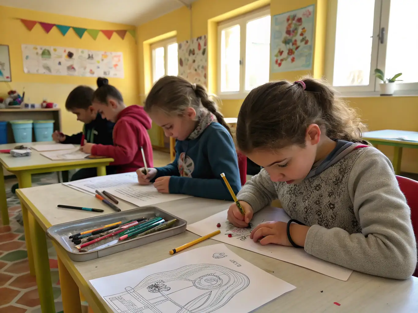 A photograph of children participating in an art activity at BOMBE ET MOQUETTE, showing them painting and drawing with enthusiasm, surrounded by colorful art supplies and supportive instructors.