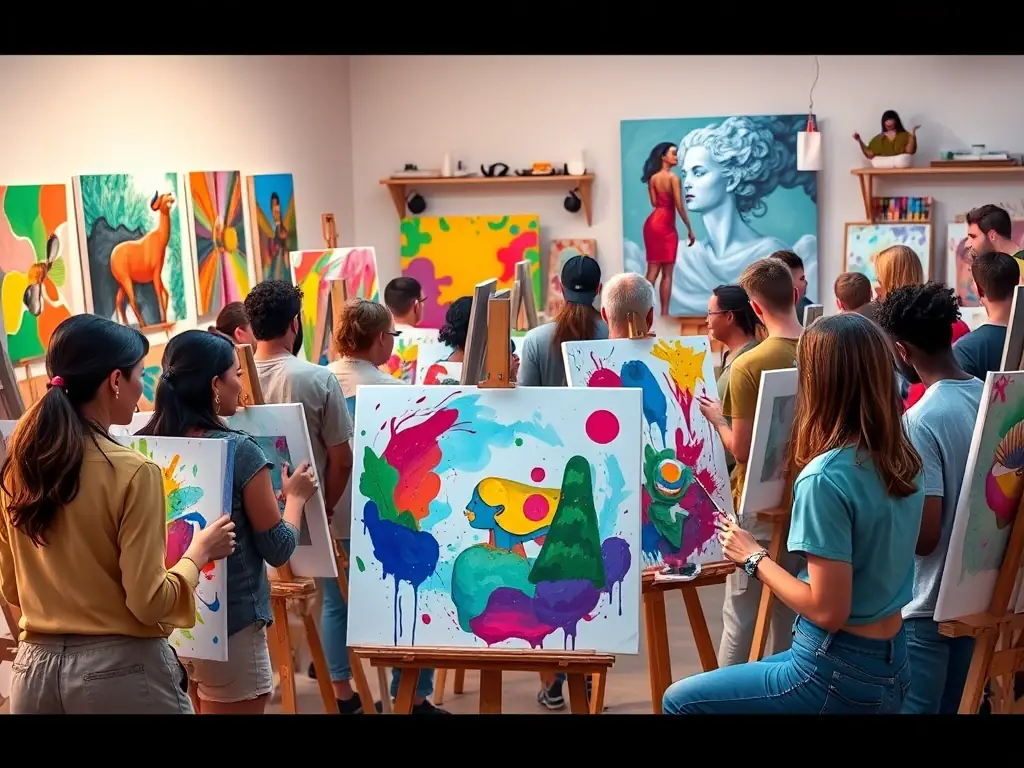 A vibrant image of participants engaged in a BOMBE ET MOQUETTE creative workshop, focusing on painting techniques, with diverse age groups and expressions of joy and concentration.