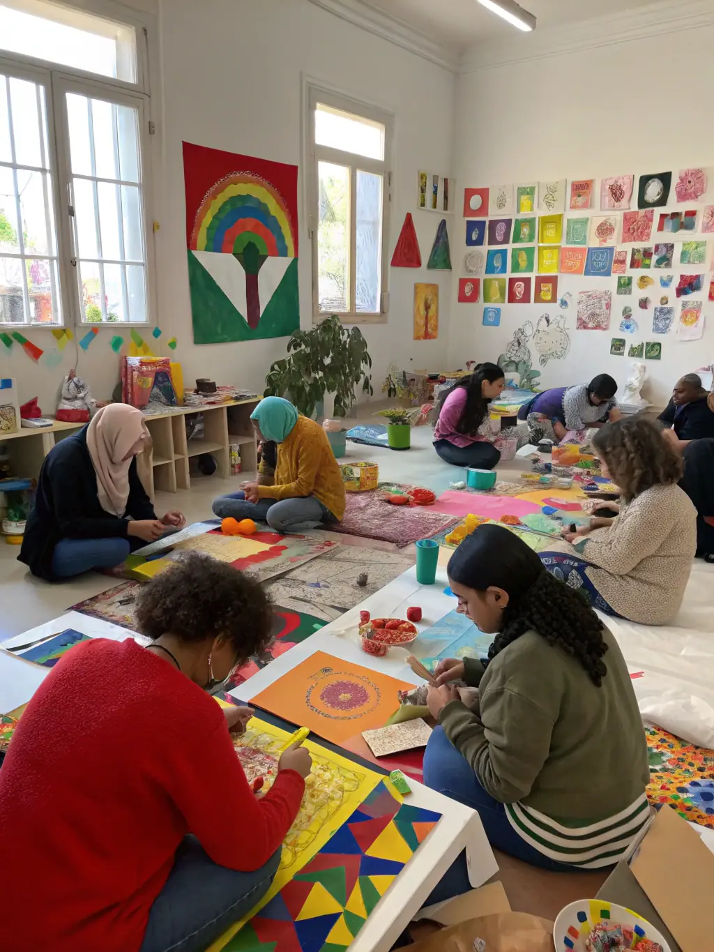 A photograph capturing a creative workshop in progress at BOMBE ET MOQUETTE, with participants actively involved in painting and sculpture.
