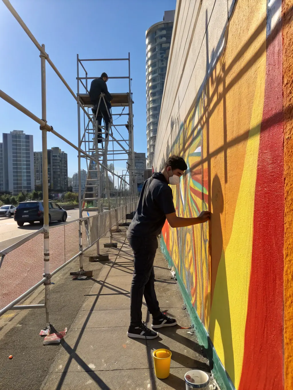 A photograph of a community art project in Marseille, facilitated by BOMBE ET MOQUETTE, showing local residents collaborating on a large-scale mural that reflects the city's culture and spirit.