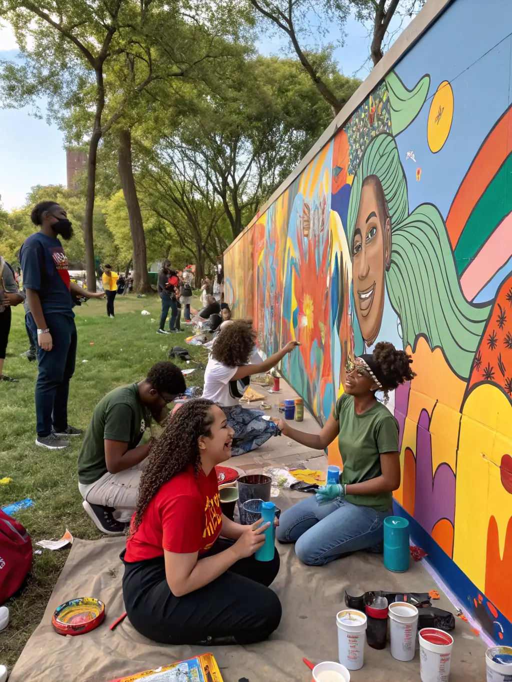 A diverse group of people participating in a collaborative art project during a BOMBE ET MOQUETTE community event.