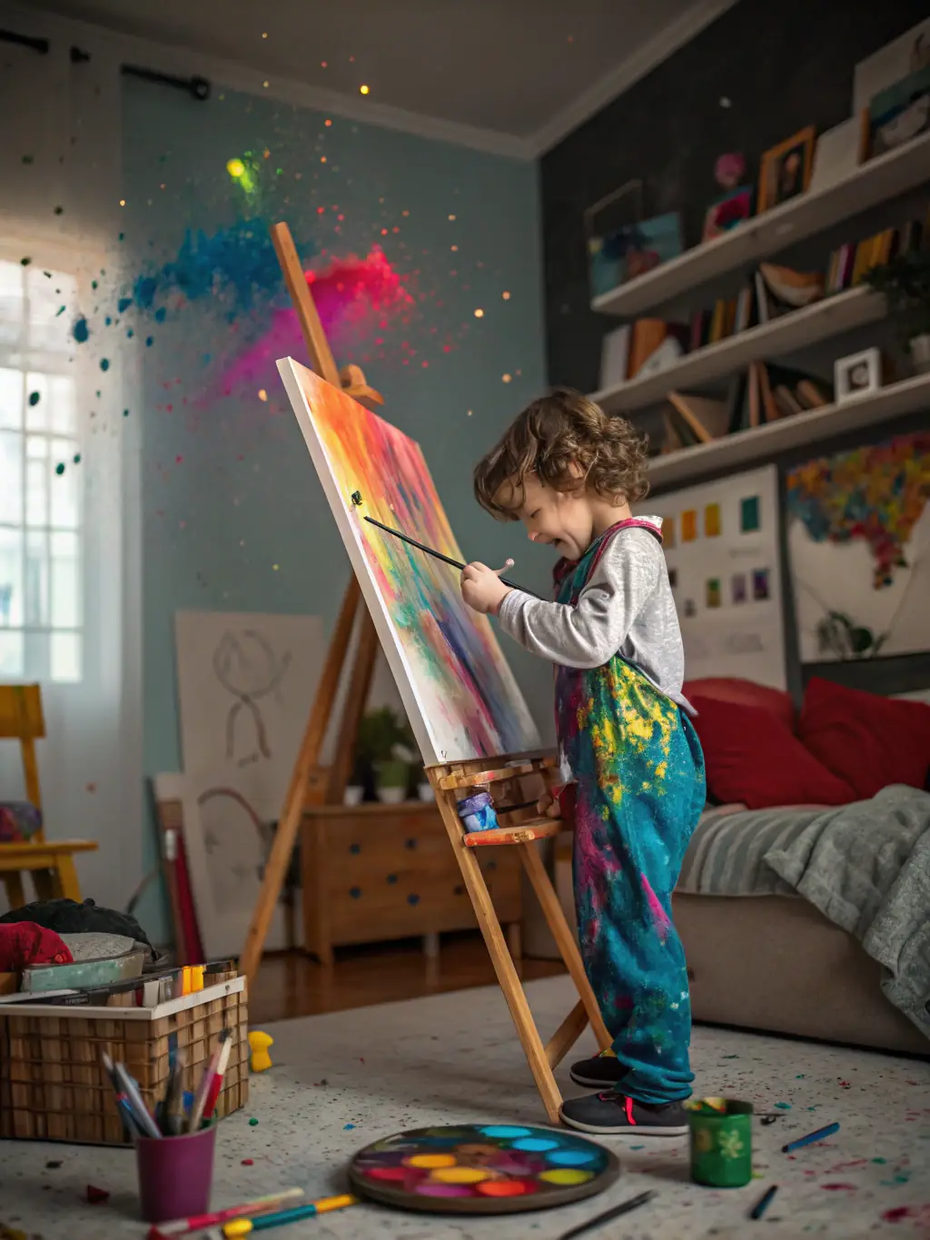 A close-up shot of a child's hands joyfully creating art during a BOMBE ET MOQUETTE workshop, highlighting the center's commitment to nurturing creativity in young people.